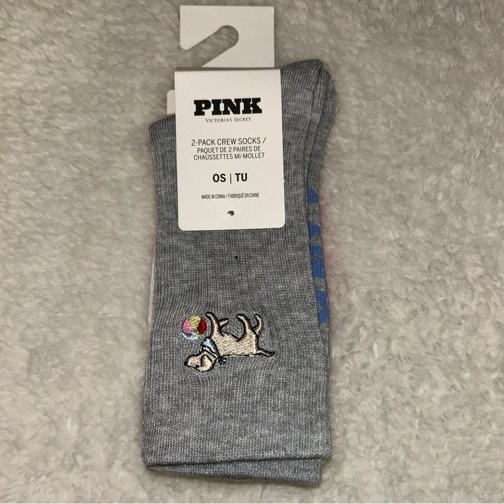 Victoria's Secret PINK Pack of 2 Crew Socks Palm Tree Dogs NWT